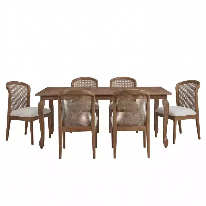 Set da pranzo espandibile in legno di Hevea con sedie rivestite in tessuto di rattan