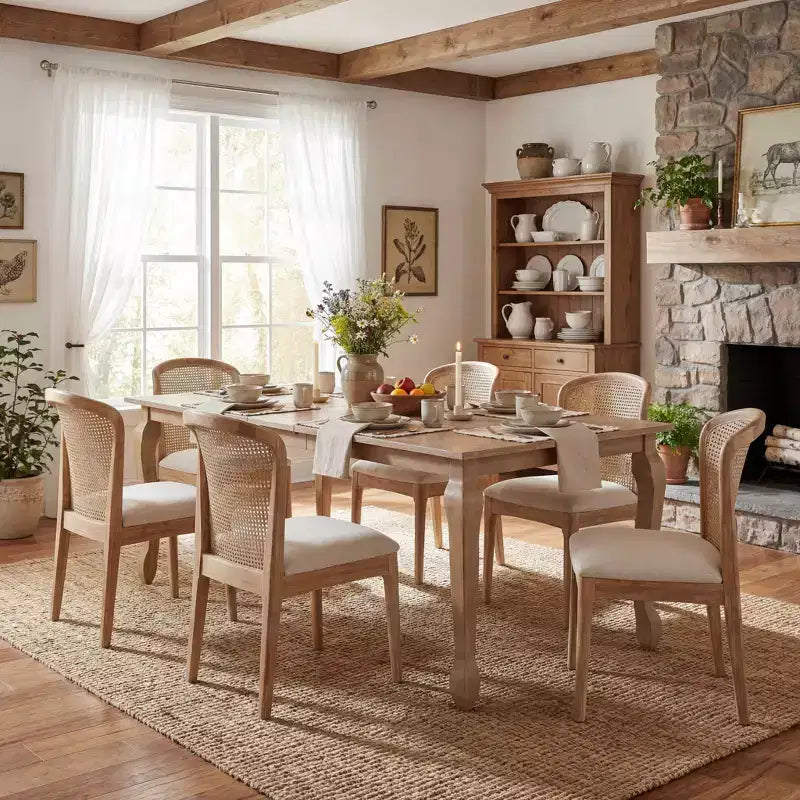 Set da pranzo espandibile in legno di Hevea con sedie rivestite in tessuto di rattan