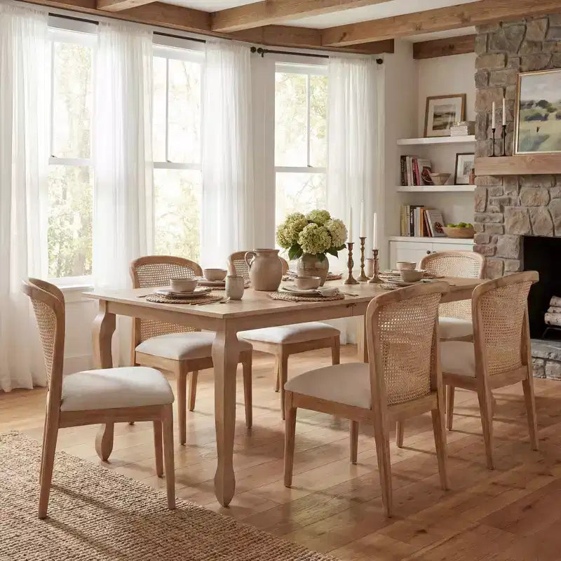   7-Piece  Expandable Rubberwood Dining Set with Rattan Fabric Upholstered Chairs