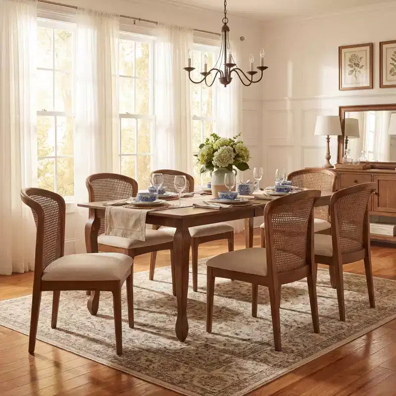 Set da pranzo espandibile in legno di Hevea con sedie rivestite in tessuto di rattan