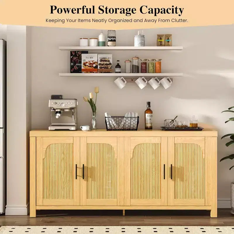 Credenza da 71 pollici, design a quattro ante, con finiture incassate e ripiani regolabili.