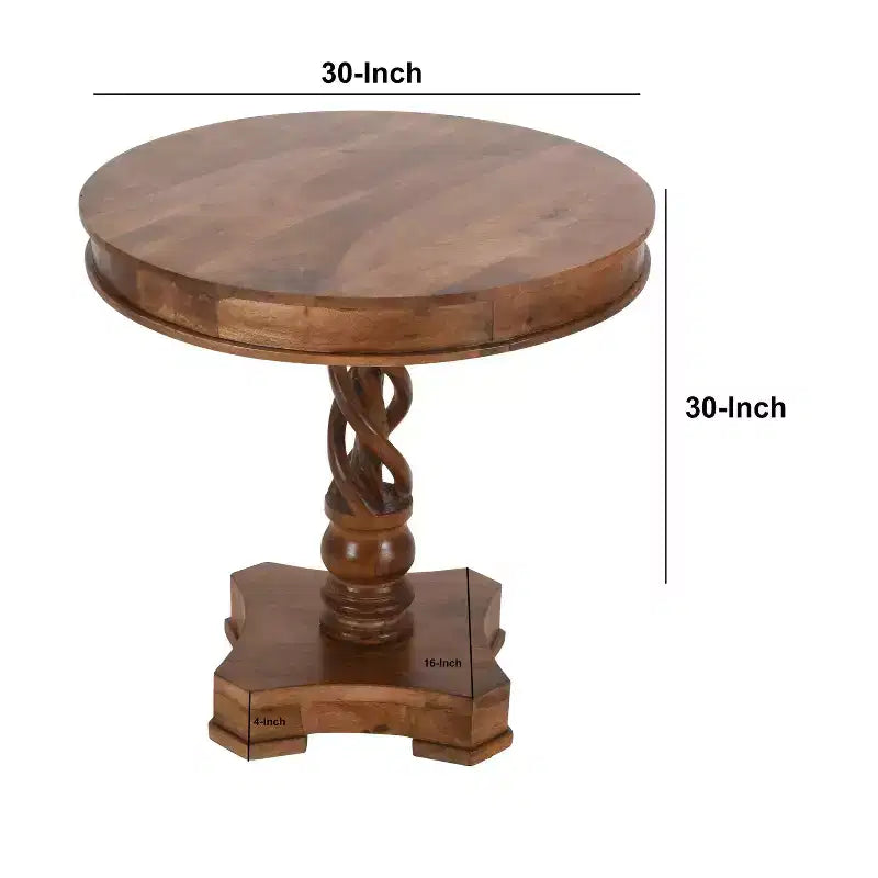 Tavolo da Pranzo Rotondo in Legno di Mango Lavorato a Mano da 30" con Base a Piedistallo Intrecciata Artigianale Marrone Noce
