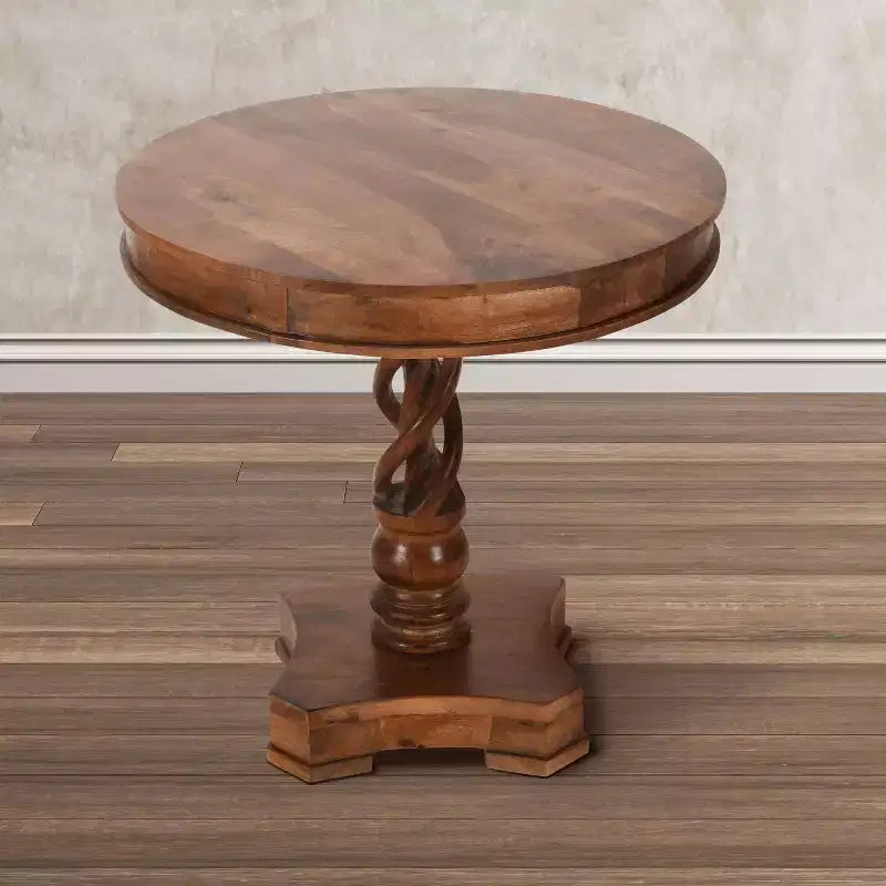 Tavolo da Pranzo Rotondo in Legno di Mango Lavorato a Mano da 30" con Base a Piedistallo Intrecciata Artigianale Marrone Noce