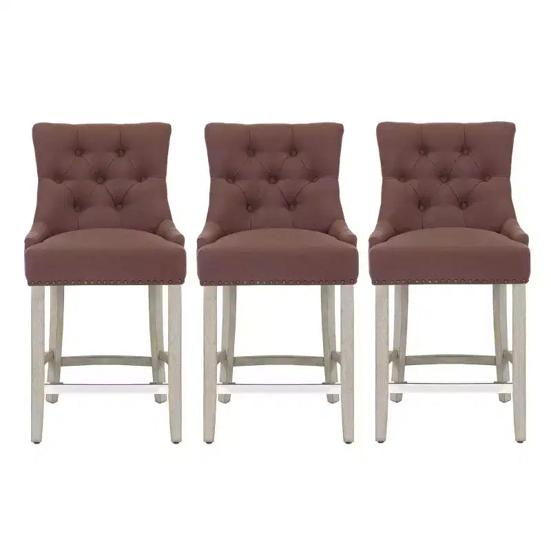  24 Linen Tufted Buttons Upholstered Wingback Counter Stool (Set of 3), Brown
