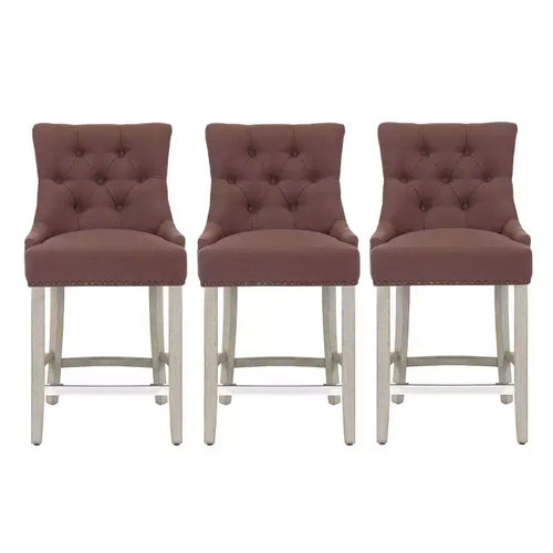  24 Linen Tufted Buttons Upholstered Wingback Counter Stool (Set of 3), Brown