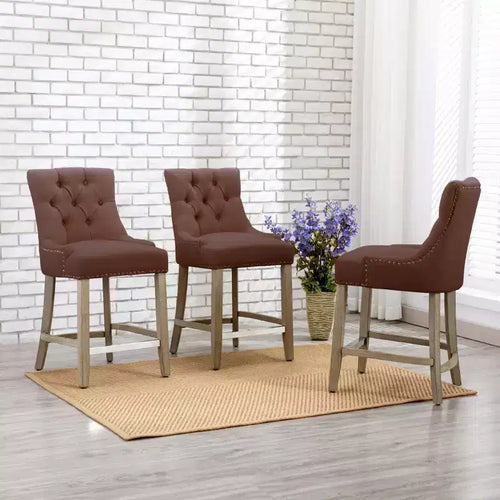 Sgabello da bancone Wingback imbottito con 24 bottoni trapuntati in lino, Marrone
