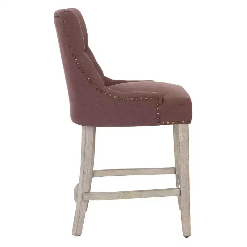 Sgabello da bancone Wingback imbottito con 24 bottoni trapuntati in lino, Marrone