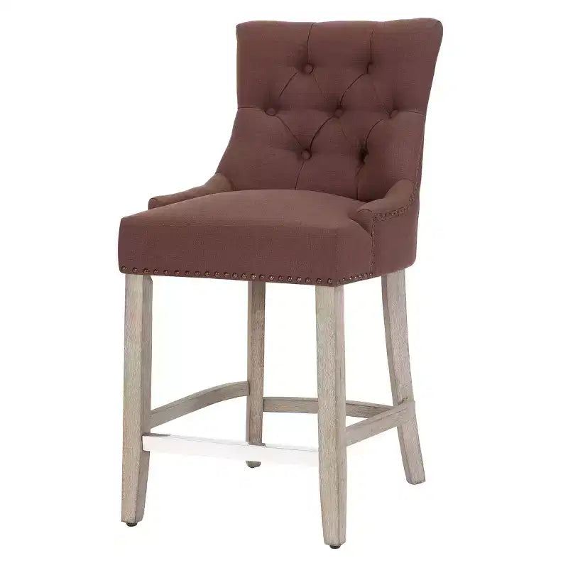 Sgabello da bancone Wingback imbottito con 24 bottoni trapuntati in lino, Marrone