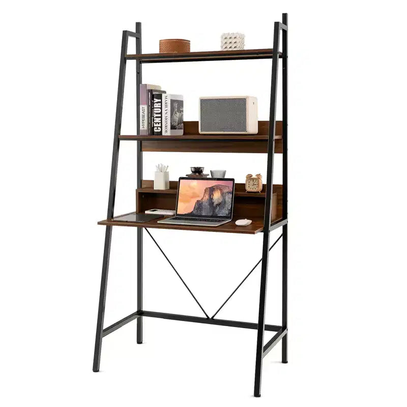  71'' High Ladder Desk with Open Shelves 3-Tier Ladder Shelf Computer Desk Brown