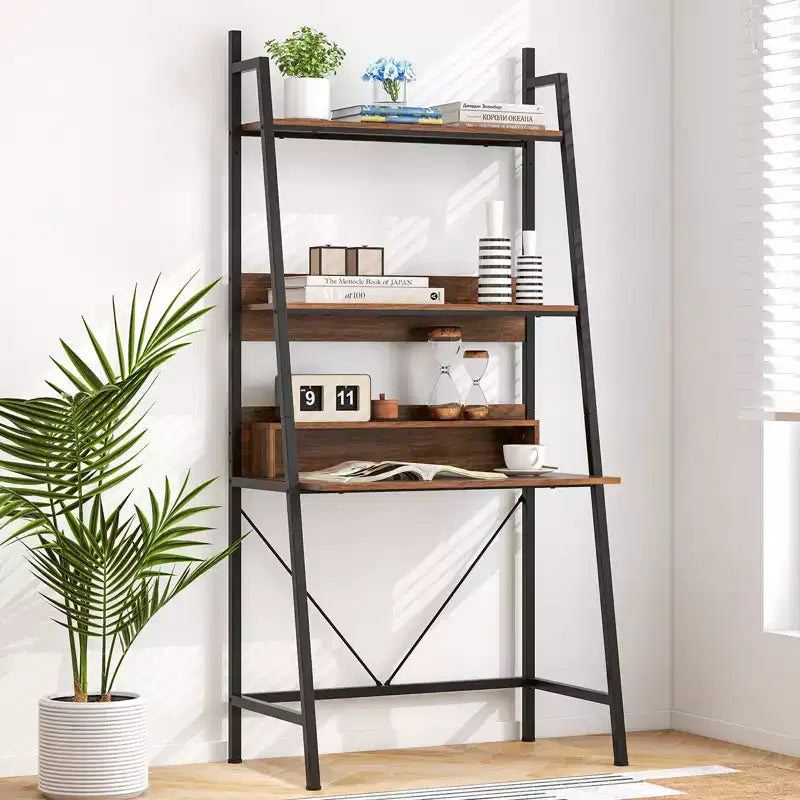 Scrivania a scala alta 180 cm con ripiani aperti, scrivania per computer con ripiani a scala a 3 livelli, marrone