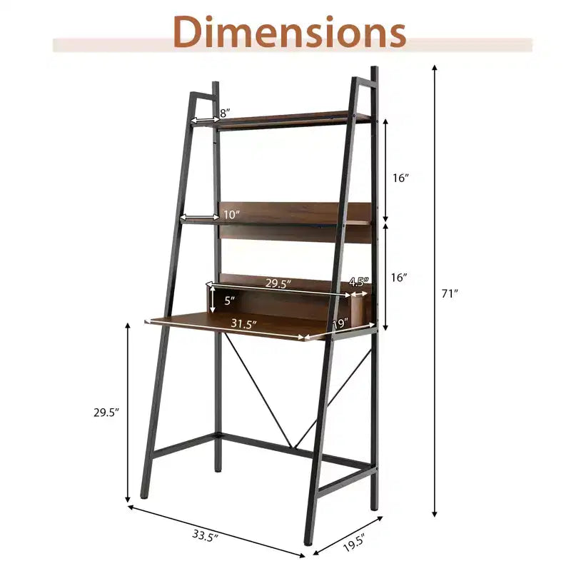 Scrivania a scala alta 180 cm con ripiani aperti, scrivania per computer con ripiani a scala a 3 livelli, marrone