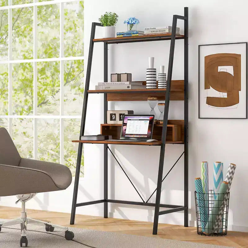 Scrivania a scala alta 180 cm con ripiani aperti, scrivania per computer con ripiani a scala a 3 livelli, marrone