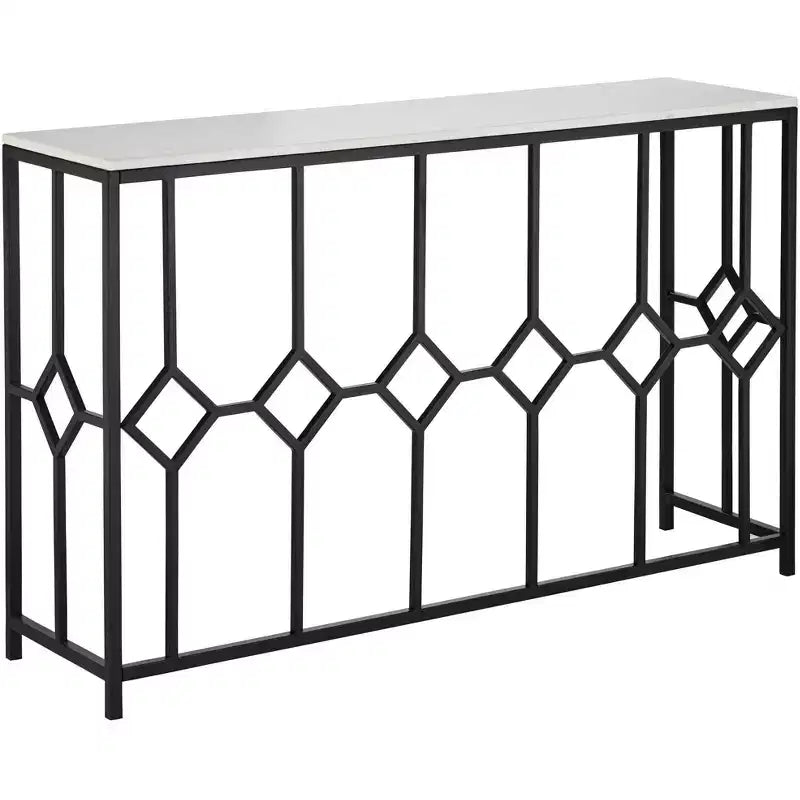   Modern Iron Rectangular Console Table 52 1/4 x 14 Black Geometrical White Stone Tabletop for Living Room