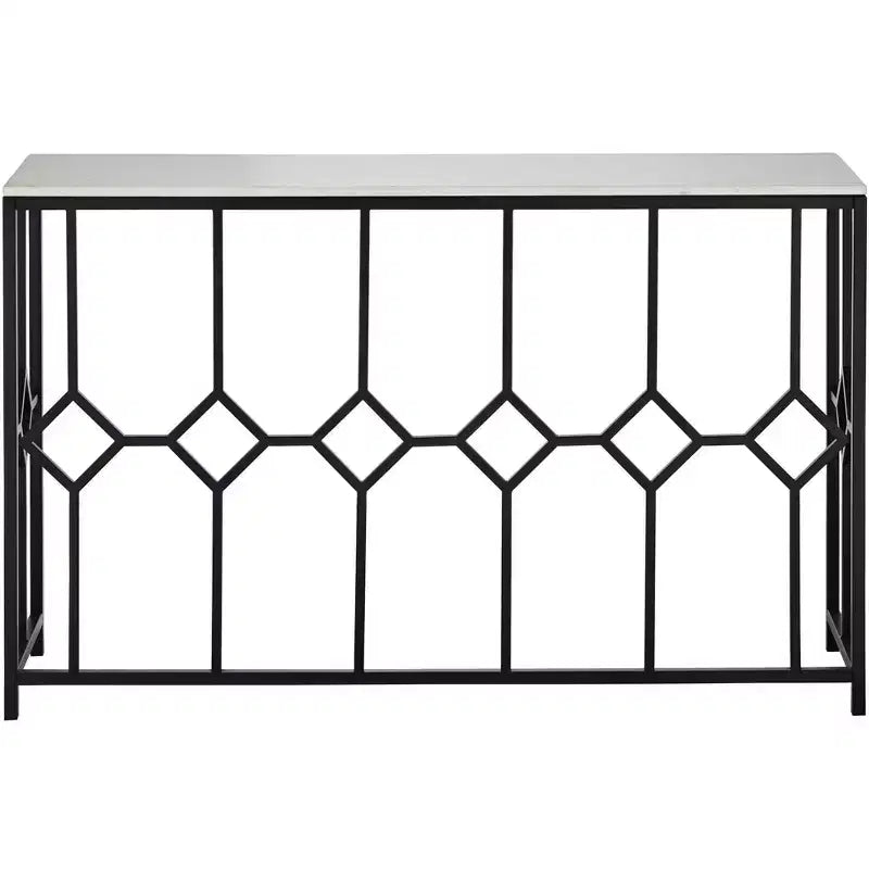 Consolle Rettangolare Moderna in Ferro 52 1/4 x 14 Nera Geometrica con Piano in Pietra Bianca per Soggiorno
