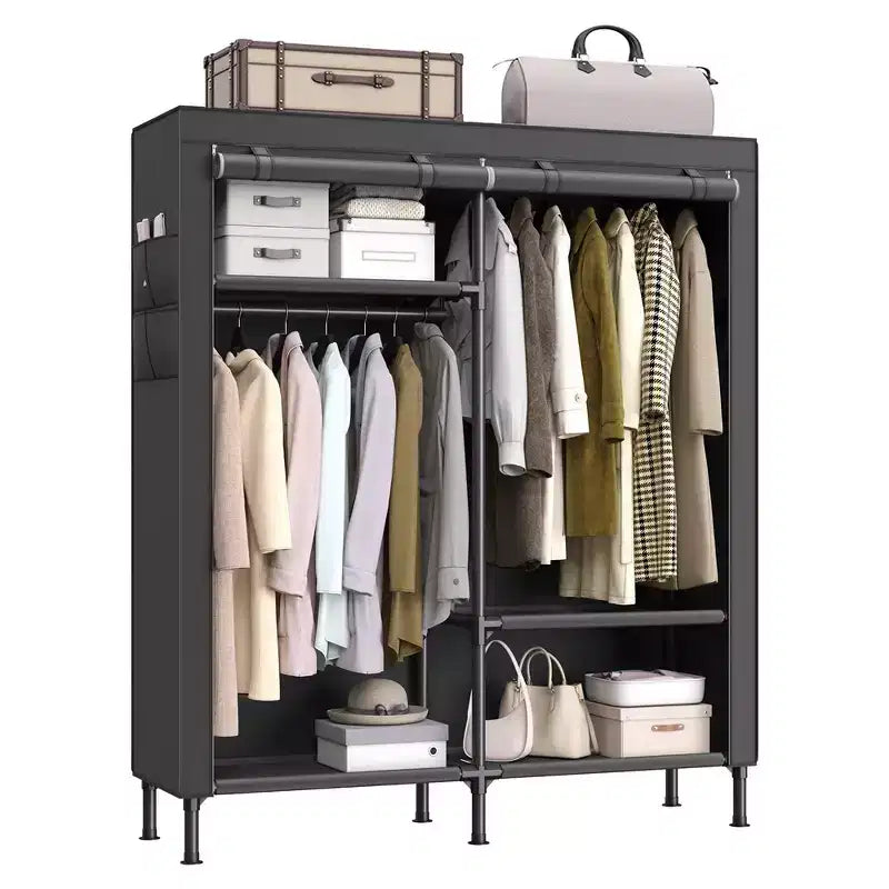  Wardrobe Closet, 65 Inch Heavy Duty Portable Closet, Freestanding Closet Organizer, Clothes Rack with Cover, 2 Hanging Rails, Black