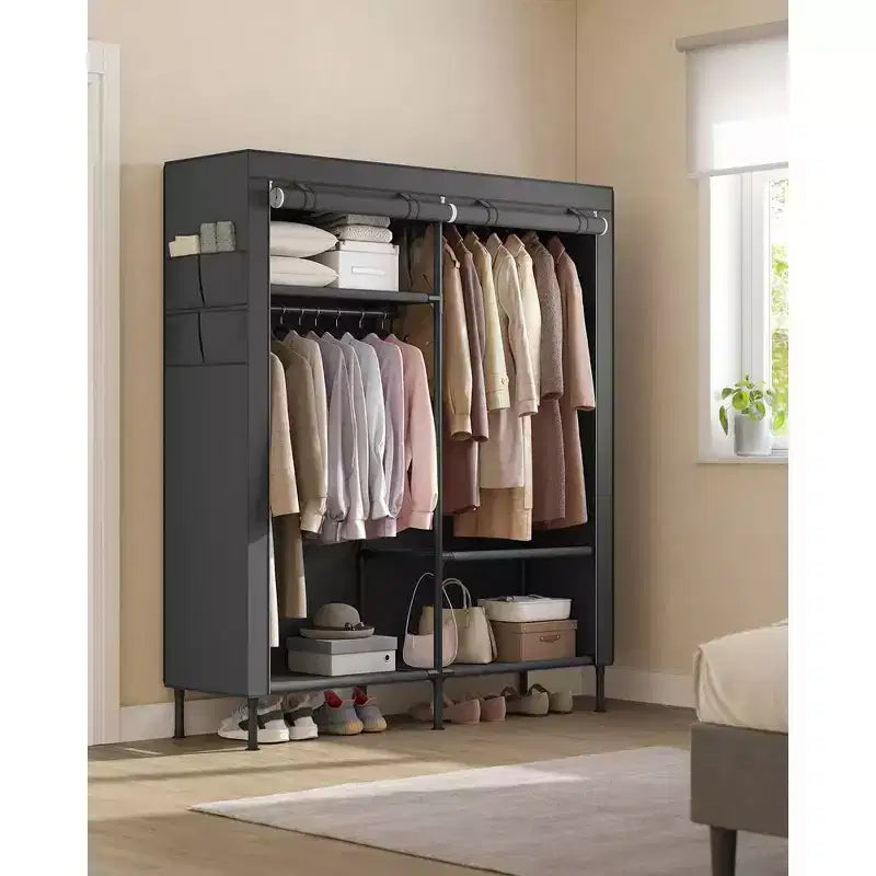 Armadio guardaroba, armadio portatile resistente da 65 pollici, organizzatore guardaroba indipendente, appendiabiti con copertura, 2 aste appendiabiti, nero