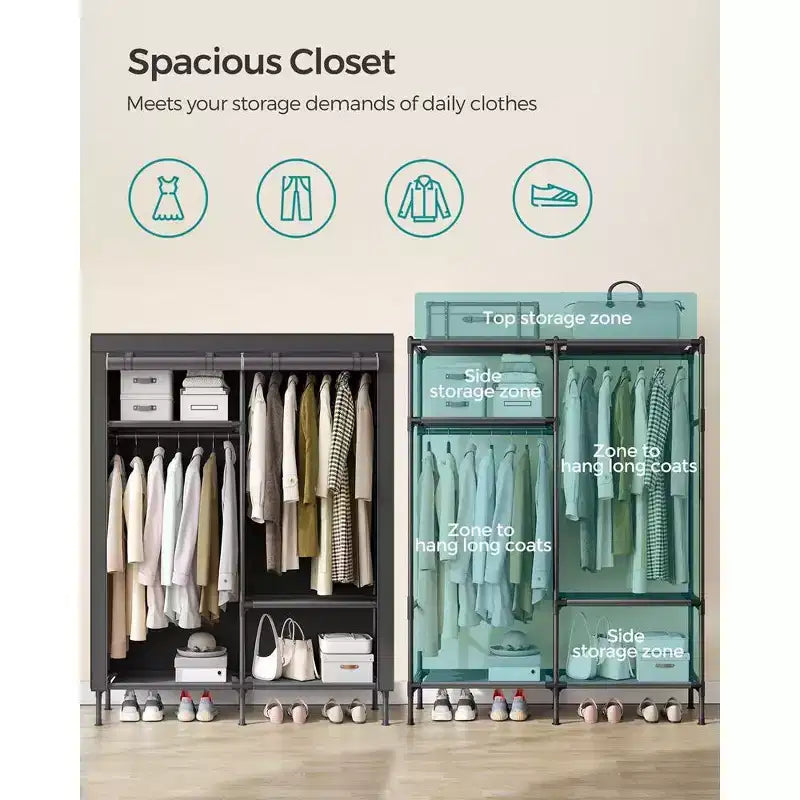 Armadio guardaroba, armadio portatile resistente da 65 pollici, organizzatore guardaroba indipendente, appendiabiti con copertura, 2 aste appendiabiti, nero