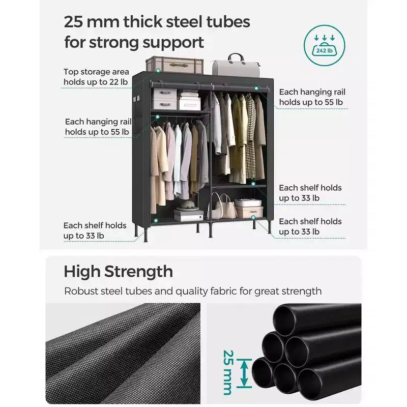 Armadio guardaroba, armadio portatile resistente da 65 pollici, organizzatore guardaroba indipendente, appendiabiti con copertura, 2 aste appendiabiti, nero
