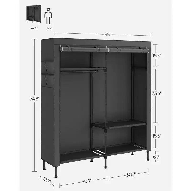 Armadio guardaroba, armadio portatile resistente da 65 pollici, organizzatore guardaroba indipendente, appendiabiti con copertura, 2 aste appendiabiti, nero