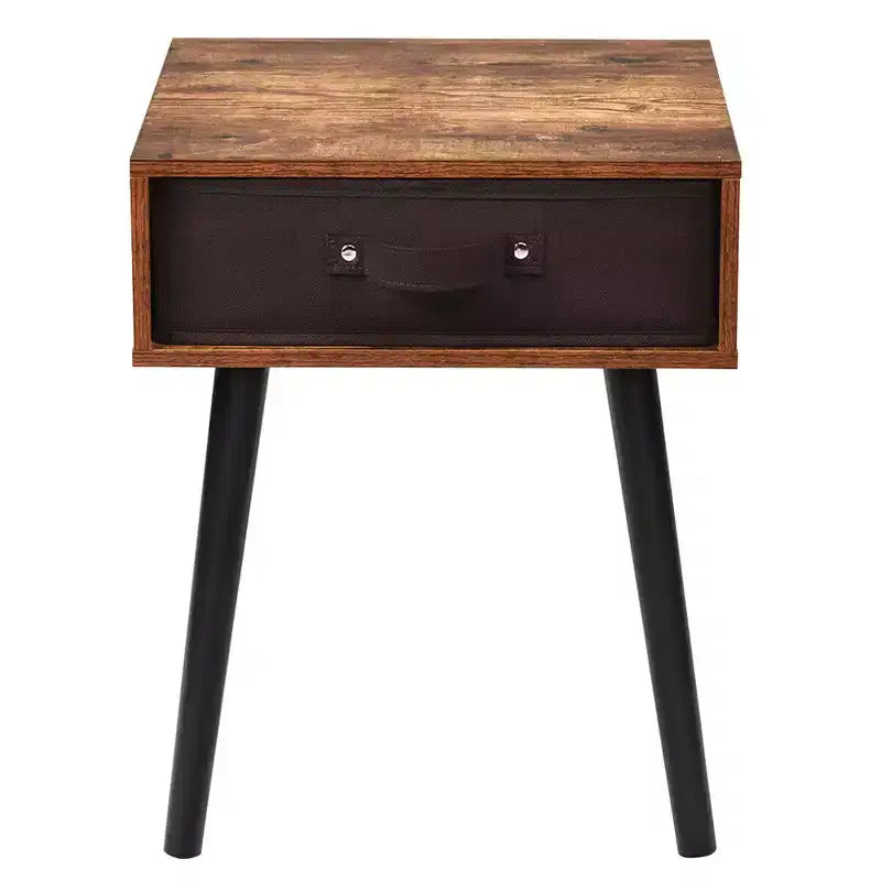 Tavolino da Comodino di Design Mid-Century con Cassetto in Tessuto Marrone Rustico