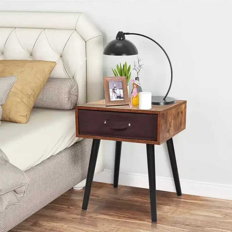 Tavolino da Comodino di Design Mid-Century con Cassetto in Tessuto Marrone Rustico