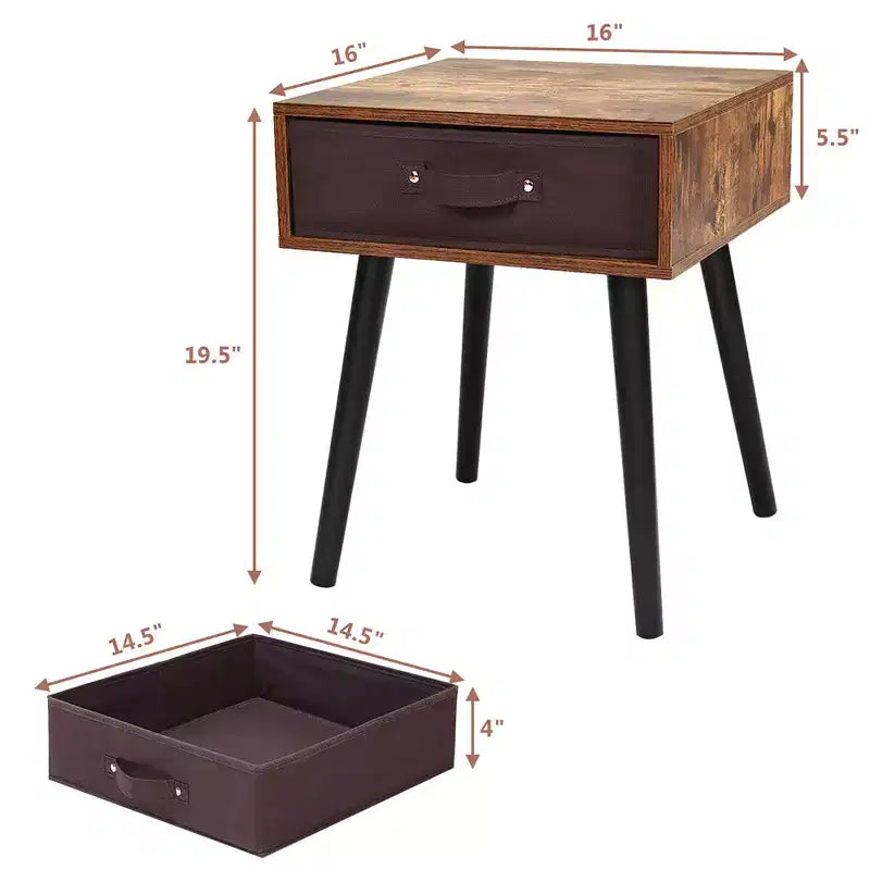 Tavolino da Comodino di Design Mid-Century con Cassetto in Tessuto Marrone Rustico
