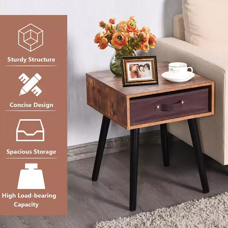 Tavolino da Comodino di Design Mid-Century con Cassetto in Tessuto Marrone Rustico