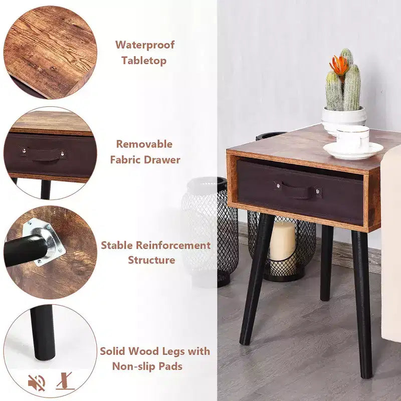 Tavolino da Comodino di Design Mid-Century con Cassetto in Tessuto Marrone Rustico