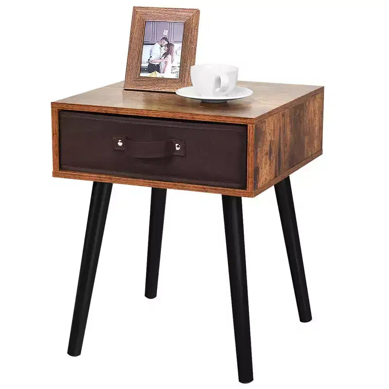 Tavolino da Comodino di Design Mid-Century con Cassetto in Tessuto Marrone Rustico