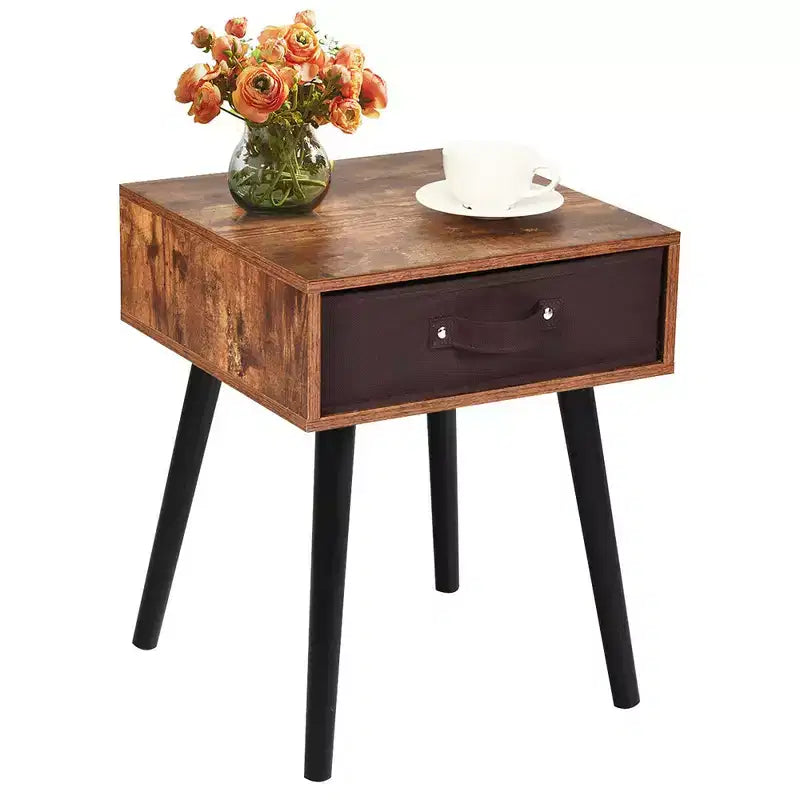 Tavolino da Comodino di Design Mid-Century con Cassetto in Tessuto Marrone Rustico