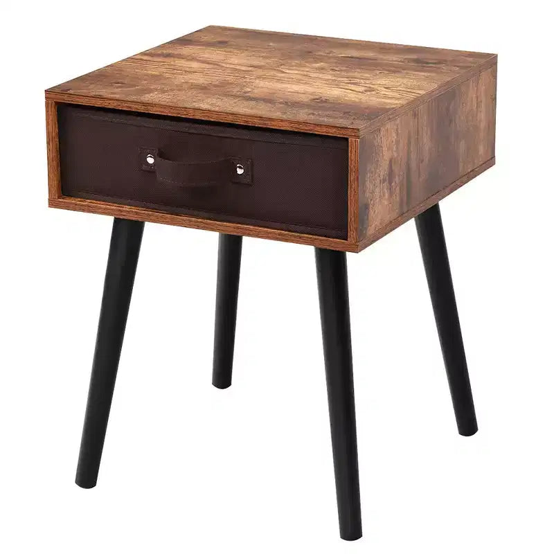 Tavolino da Comodino di Design Mid-Century con Cassetto in Tessuto Marrone Rustico